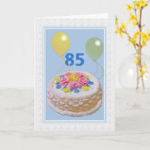 Carte Anniversaire, 85th, gâteau et ballons (Fleur jaune)