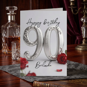 Carte Anniversaire 90 Ans Elégant Rose Rouge Argent