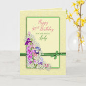 Carte ANNIVERSAIRE - 90ème - FLEURS DE JARDIN, BOW VERT (Fleur jaune)
