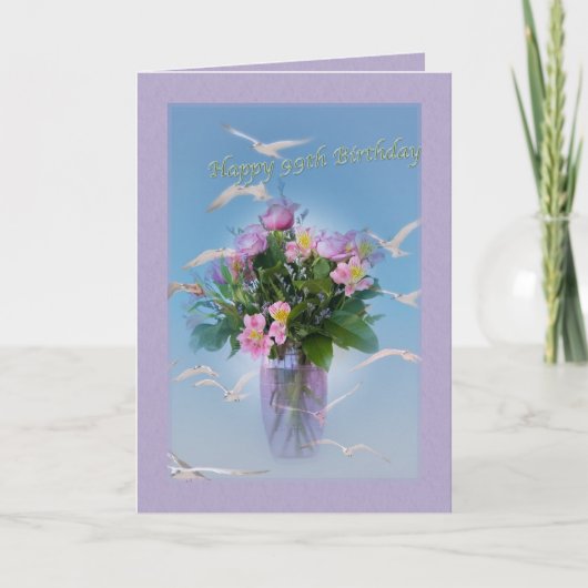Carte Anniversaire, 99ème, Fleurs et Oiseaux (Devant)
