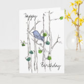 Carte Anniversaire à l'encre d'arbres d'oiseau bleu (Fleur jaune)