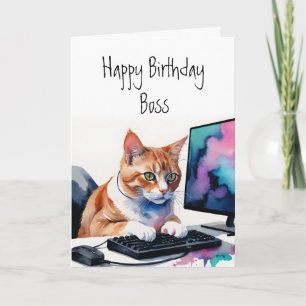 Carte Anniversaire à tous groupe, Cat Boss Computer Cake
