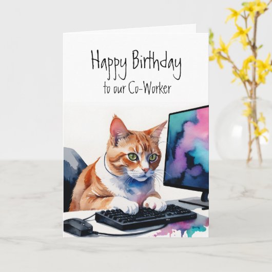 Carte Anniversaire à tous groupe, Cat Co-Worker Cake Fun (Fleur jaune)