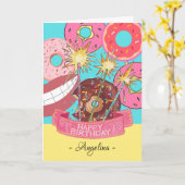 Carte Anniversaire amusant avec des beignets et des boug (Fleur jaune)