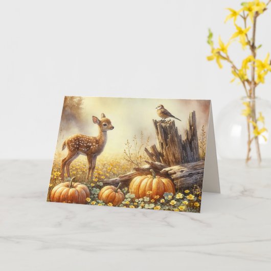 Carte Anniversaire Automne Fawn Dans un Patch Citrouille (Fleur jaune)