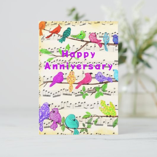 Carte Anniversaire avec des oiseaux musicaux color (Debout devant)