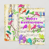 Carte Anniversaire avec des oiseaux musicaux color (Devant / Derrière)
