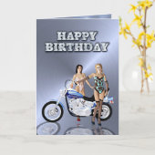 Carte Anniversaire avec filles et moto (Fleur jaune)