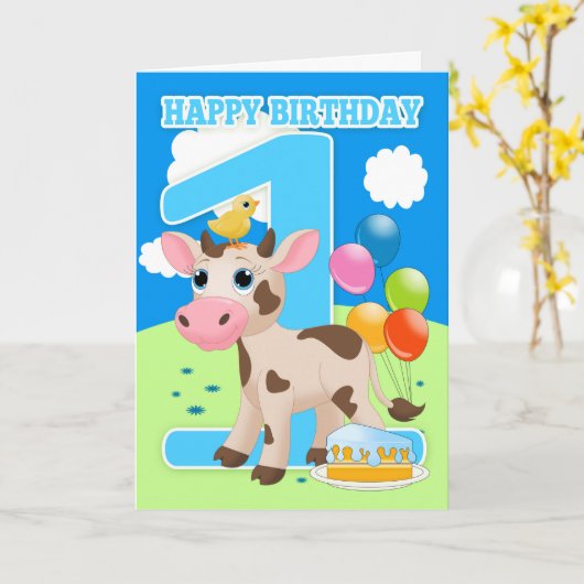 Carte Anniversaire Avec Petit Gâteau De Vache Et B (Fleur jaune)