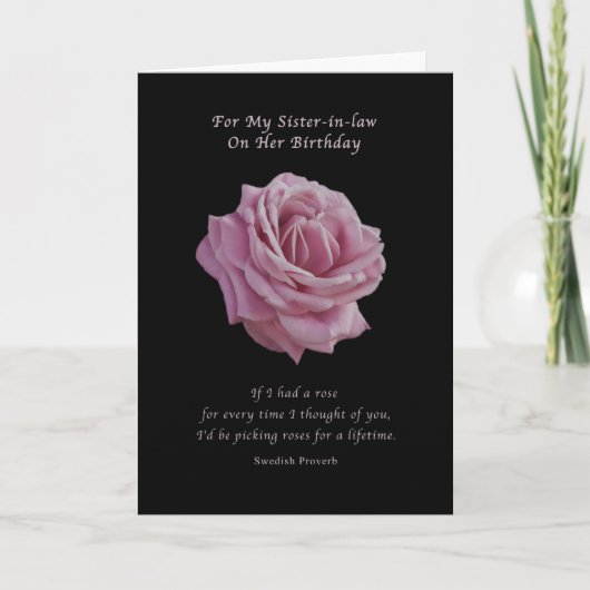 Carte Anniversaire, belle-soeur, Rose rose sur noir (Devant)