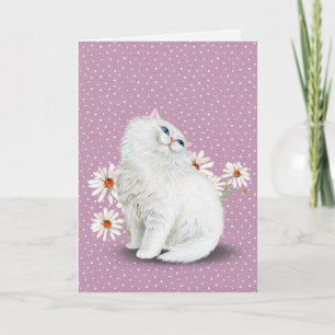 Carte anniversaire blanc chat persan avec marguerites