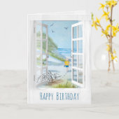 Carte anniversaire blanc de scène de bord de la mer de (Fleur jaune)