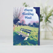 Carte Anniversaire Bleu Aquarelle Jardin Banc Pour Lui (Debout devant)