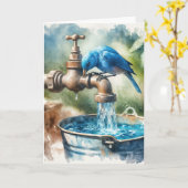 Carte Anniversaire Bluebird sur un Faucet rétro (Fleur jaune)