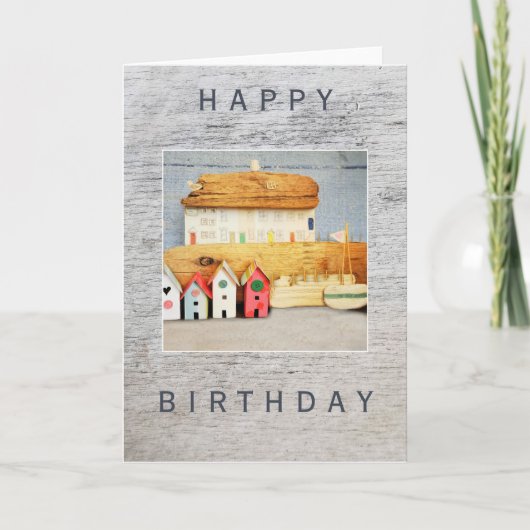 Carte Anniversaire, Bord de mer, Bois dur, Maisons en pa (Devant)