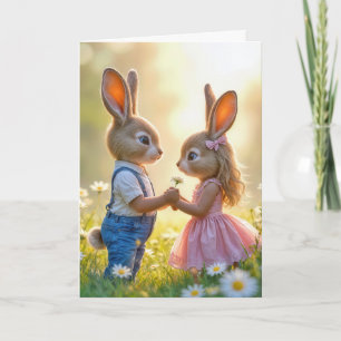 Carte Anniversaire Bunny Romance dans un champ de margue