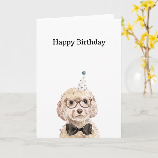 Carte Anniversaire, Carte Cockapoo Champagne (Fleur jaune)