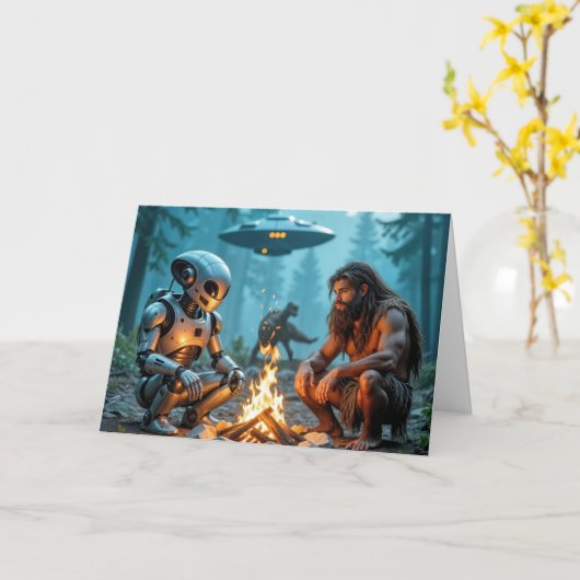 Carte Anniversaire Caveman et Robot Alien par un feu de  (Fleur jaune)