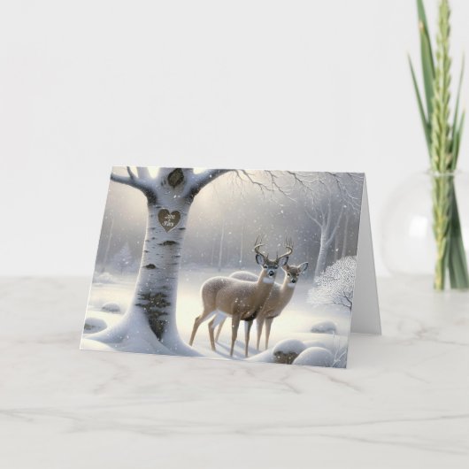 Carte Anniversaire Cerf avec Birch Tree Coeur et noms (Devant)