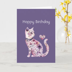 Carte Anniversaire Chat Coeur Floral Violet Rose