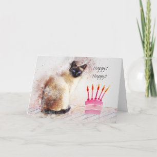 Carte Anniversaire, Chat de Siamèse, Gâteau