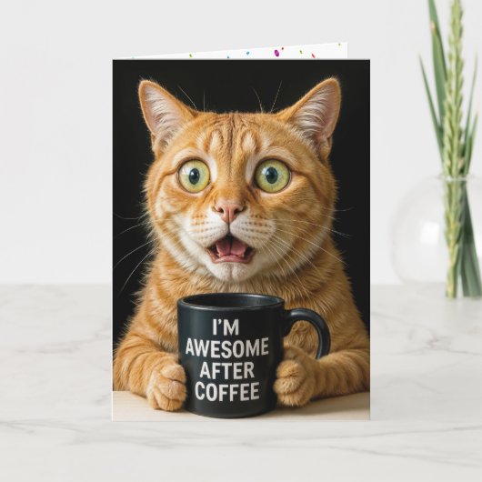 Carte Anniversaire Chat Orange Avec Mug De Café Amusant (Devant)