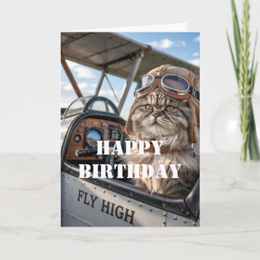 Carte Anniversaire Chat Pilote photo et avion Funny Avia (Devant)