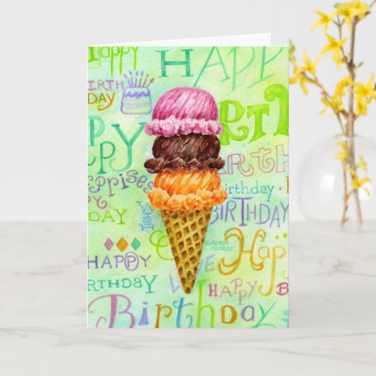 Carte Anniversaire Crème de glace Cone Trois Scoops I (Fleur jaune)