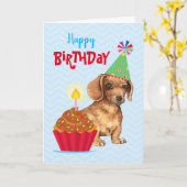 Carte Anniversaire Cupcake Dachshund (Fleur jaune)