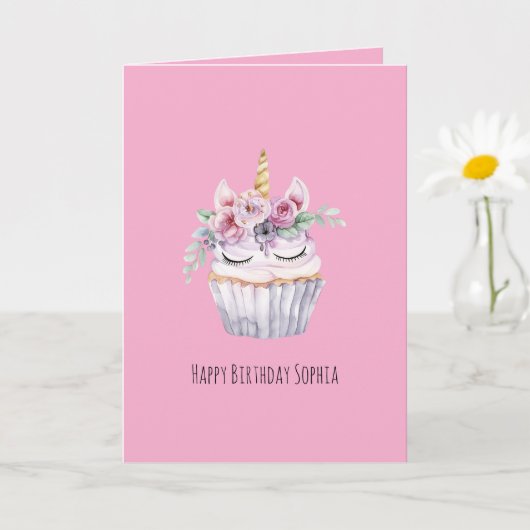 Carte Anniversaire Cupcake Fleur Licorne Rose (Petite plante)