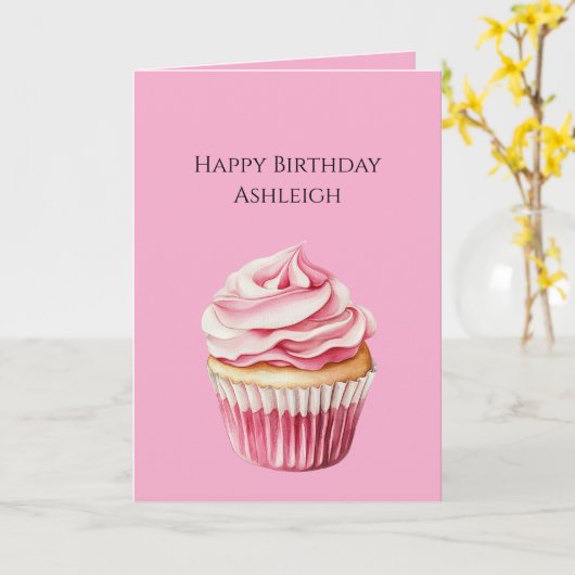 Carte Anniversaire Cupcake Rose (Fleur jaune)