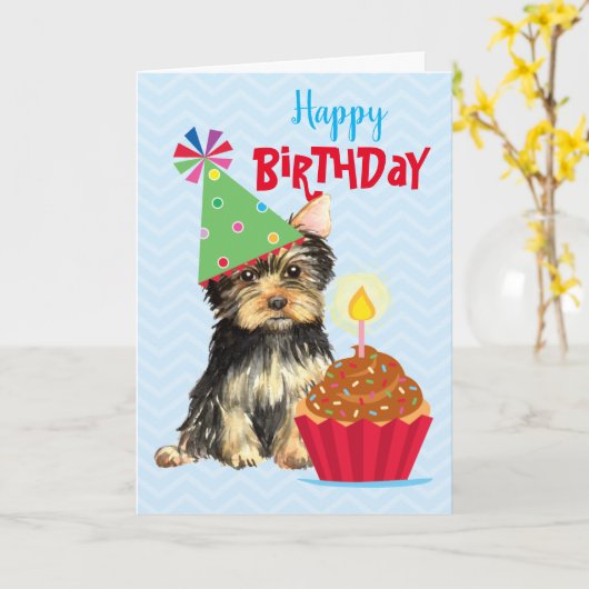 Carte Anniversaire Cupcake Yorkie (Fleur jaune)