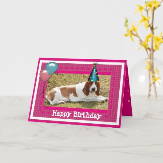 Carte Anniversaire Cute Basset (Fleur jaune)
