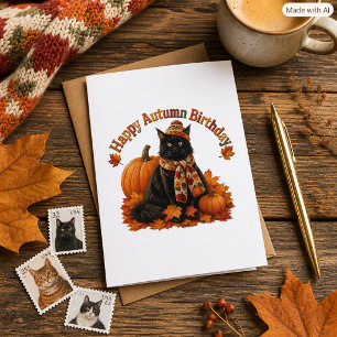 Carte Anniversaire d'automne Chat noir cosy