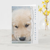 Carte anniversaire de chiot de golden retriever (Fleur jaune)