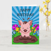 Carte Anniversaire de cochon dans la boue (Fleur jaune)