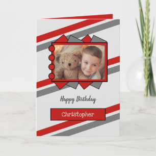 Carte anniversaire de enfant de nom et de photo gris et 