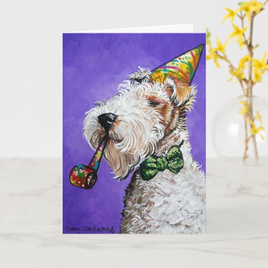 Carte Anniversaire de Fox Terrier (Fleur jaune)