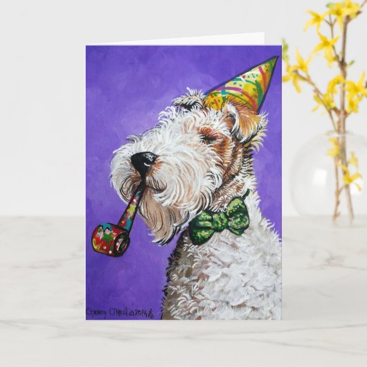 Carte Anniversaire de Fox Terrier (Fleur jaune)