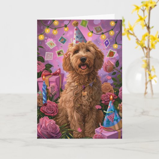 Carte Anniversaire de Goldendoodle (Fleur jaune)