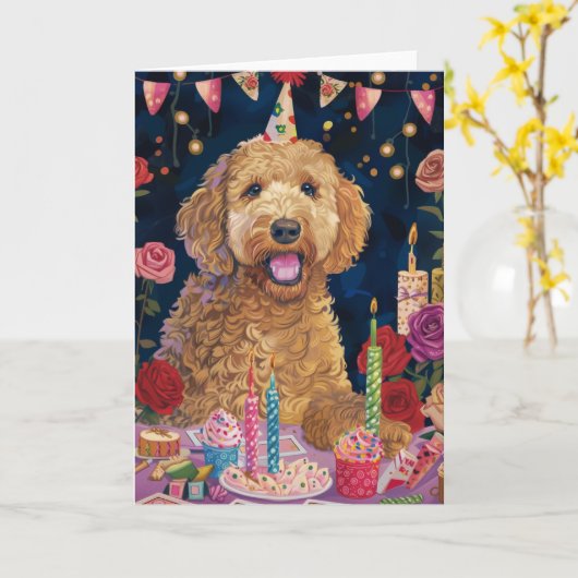 Carte Anniversaire de Goldendoodle (Fleur jaune)