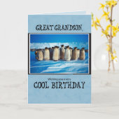 Carte Anniversaire de Great Grand-fils, Penguins (Fleur jaune)