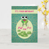 Carte Anniversaire de grenouille, saut pour la joie (Fleur jaune)
