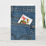 Carte Anniversaire de la Reine des Coeurs<br><div class="desc">Queen of hearts playing card in a blue jean pocket.</div>