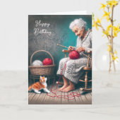 Carte Anniversaire de la vieille dame Tricot (Fleur jaune)