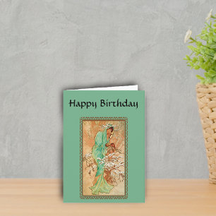 Carte Anniversaire de l'Arbre d'Or Vintage Art Déco Lady
