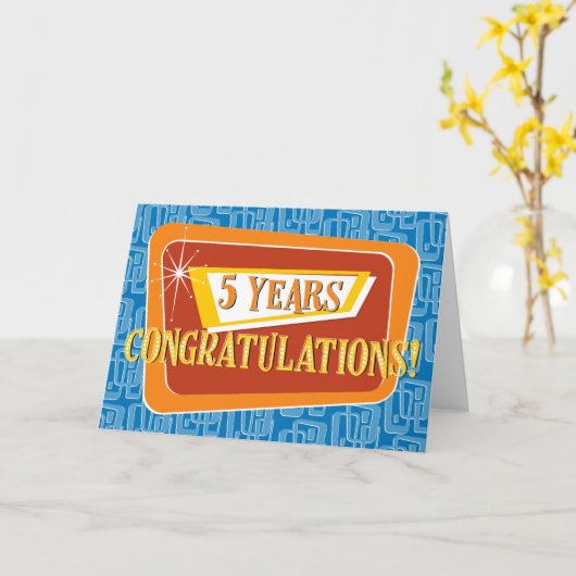 Carte Anniversaire de l'employé 5 ans rétro bleu rouge o (Fleur jaune)