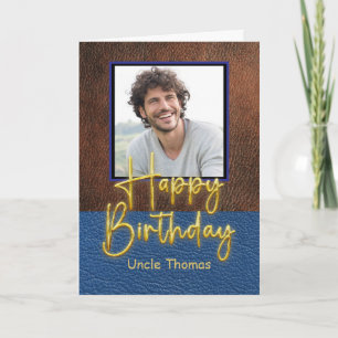 Carte Anniversaire de l'oncle en cuir marron et bleu ave
