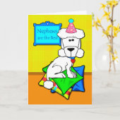 Carte Anniversaire de Nephew, caniche blanche sur Coussi (Fleur jaune)