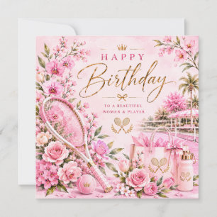 Carte Anniversaire de tennis avec des fleurs roses 